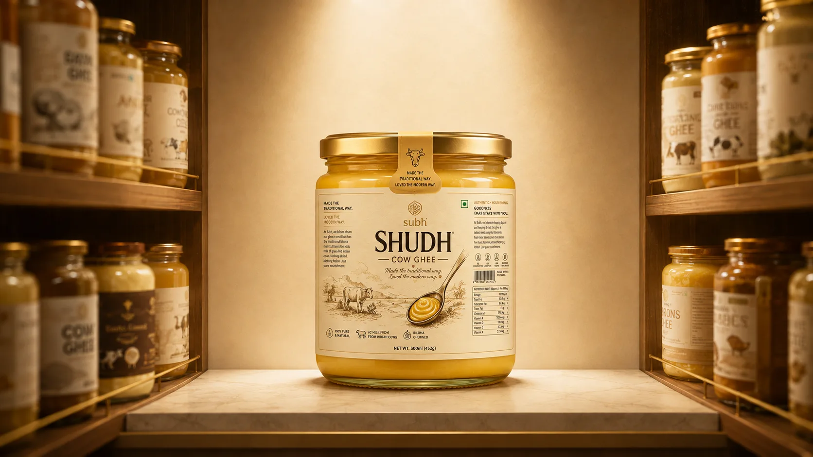 Subh Ghee — Packaging Design packaging & visual design mockup 2 by Raghav Chopra